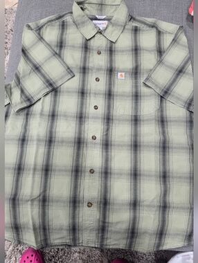 Carhartt Light Green and Black Plaid Short-Sleeve Button-Up Shirt